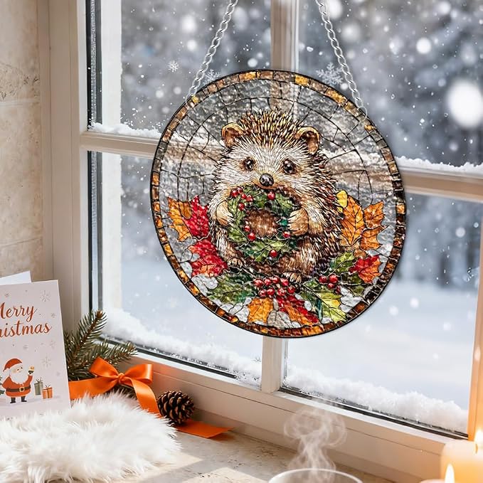 Acrylic Suncatcher Window Hanging, Hedgehog Sun Catcher Rainbow Indoor Window Decoration for Living Room Bedroom, Unique Gift for Mom Wife & Friends, 7.87 x 7.87 inches