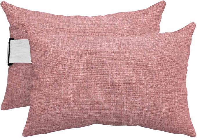 Peach Pink Outdoor Lumbar Pillows 11x16 Set of 2, Farmhouse Burlap Solid Pink Color Modern Linen Texture Waterproof Throw Pillow Covers with Insert, Decorative Pillowcase Cushion for Couch Sofa Bed