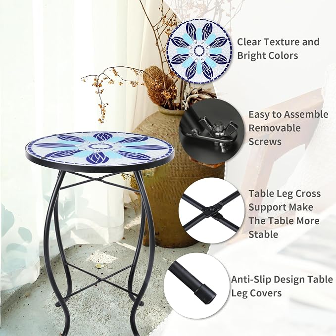 VCUTEKA Patio Side Table Outdoor Accent Table Bistro Coffee Table Plant End Table Small Porch Tables Indoor Round Glass Balcony Blue Flowers 14 inches