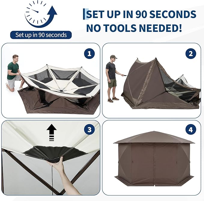 GarveeHome 13x13FT Pop Up Gazebo Screen Tent, 6-Sided Canopy with Detachable Eaves & Starry Sky Top, 210D Oxford Water-Proof Instant Shelter with Mosquito Netting for Backyard Camping, Khaki & Beige