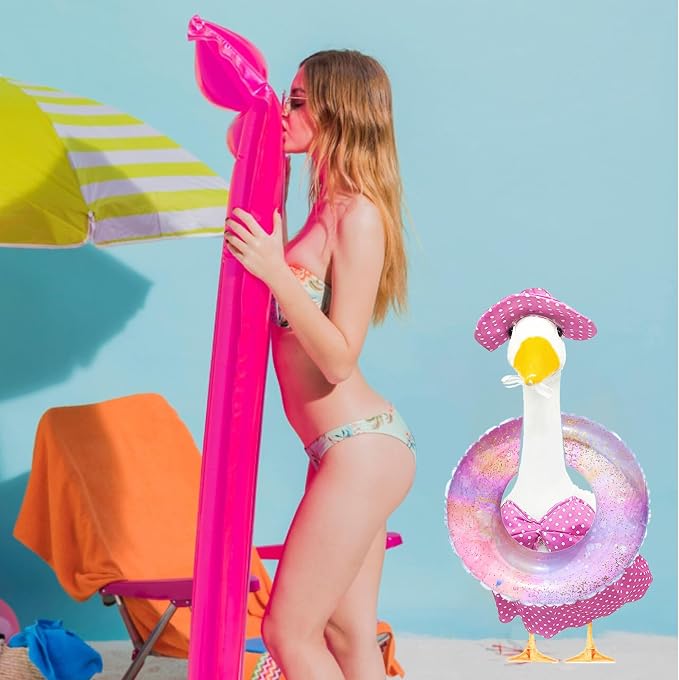 Porch Goose Summer Outfit, Yellow, 23'' Lawn Statue | Bikini Hawaiian Outfit, Hat & Sunglasses Included, Swimming Ring Included, For Cement or Plastic Goose