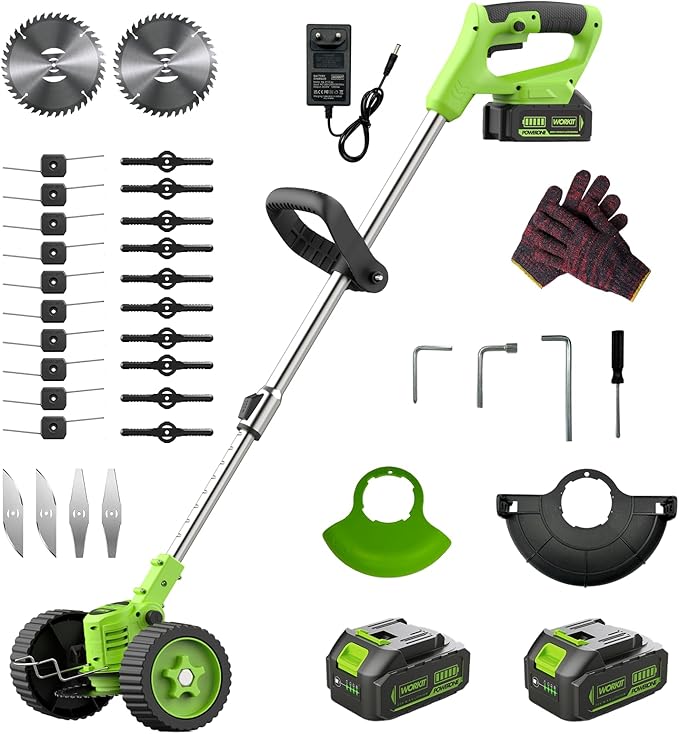 WORKIT 4-in-1 Electric Weed Wacker: 20V 6 Inch Cordless Weed Eater with Wheels - 2x4.0Ah Batteries & 4 Blade Types, Lightweight Stringless Brush Cutter for Small Yard & Garden Care