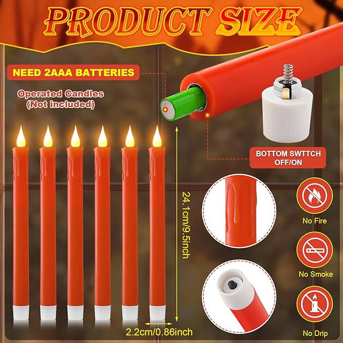 6PCS Thanksgiving Flameless Taper Candles - Orange Candles Battery Operated Flickering Real Paraffin Wax Dripping Wax 3D Wick Lights Led for Thanksgiving, Halloween, Fall Party Decorations