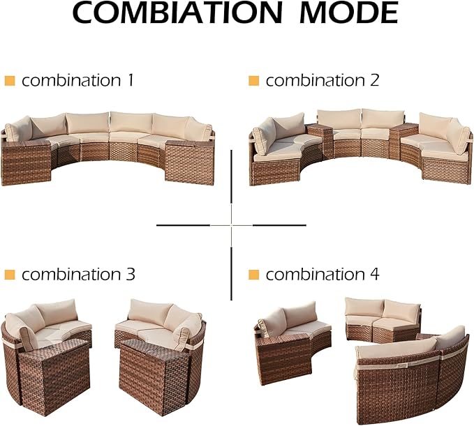 ECOTOUGE Large Half-Moon Outdoor Patio Furniture Set, 9 Piece Wicker Rattan Patio Sectional Furniture Sofa Set Conversation Set for Pool Backyard Balcony Garden(Beige/Brown)