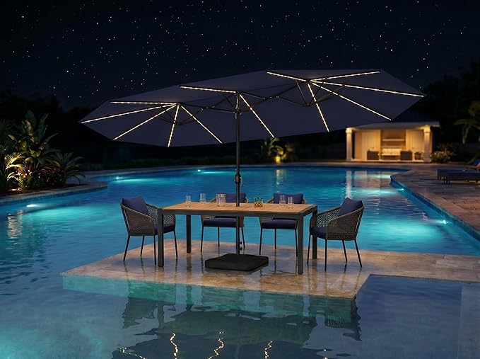 PURPLE LEAF 15ft Patio Market Umbrella with Solar LED and Base Double-Sided Rectangle Outdoor Table Sun Umbrellas with Crank for Pool Beach Deck Backyard Navy Blue