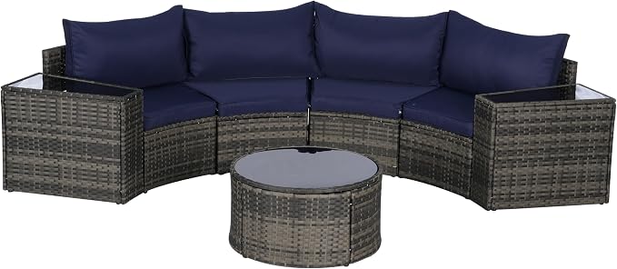KEIKI 7-Piece Half-Moon Outdoor Patio Furniture Set, Rattan Patio Conversation Set with Coffee Table & 2 Sofa Side Table & 4 Curved Armless Sofa, Wicker Curved Sectional Sofa Set, for Backyard, Blue