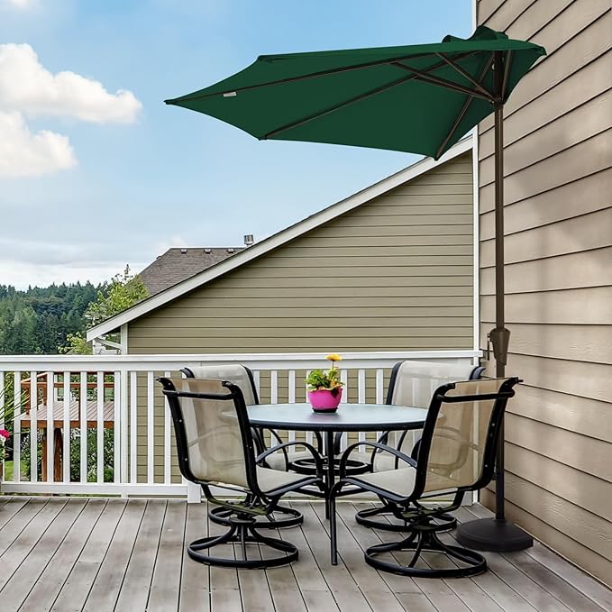 JEAREY 9ft Half Umbrella Outdoor Patio Umbrella Market Umbrellas with Crank, 1/2 Round Wall Umbrella 5 Sturdy Ribs UV Protection for Pool Garden Balcony Deck, Dark Green