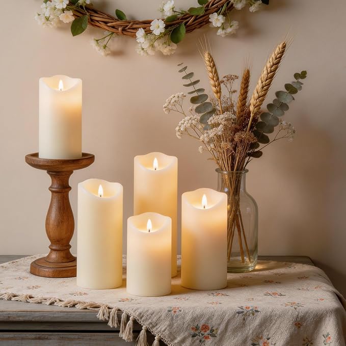 Flickering Flameless LED Candles with 5 PCS (H5 5.5" 6" 7" 8"), Fake Battery Operated Pillar Candles - 3D, Remote and Timers, Real Wax Candles for Home/Wedding/Fireplace Xmas Decor (Ivory)