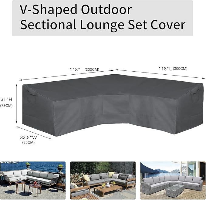 Easy-Going Patio V-Shaped Sectional Sofa Cover, Waterproof Outdoor Sectional Cover,Heavy Duty Garden Furniture Cover with Air Vent 118" L (on Each Side) x 33.5" D x 31" H, Dark Gray