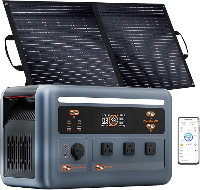 OSCAL 1800W Solar Generator with 100W Solar Panel PowerMax 1800SE, 1024Wh LiFePO4 Battery Generator with 3 AC Outlets (3600W Surge), 800W AC Charging, WI-FI/Bluetooth APP Control (PM1800SE+100W)