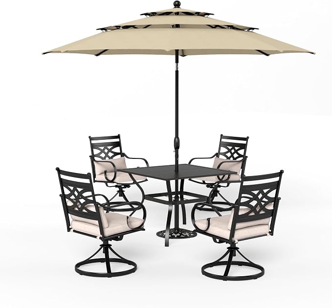 Sophia & William Patio Dining Set, Steel, 10ft Umbrella Beige | Swivel Chairs, E-Coated, Cushions Included, For Patio, Garden and Yard