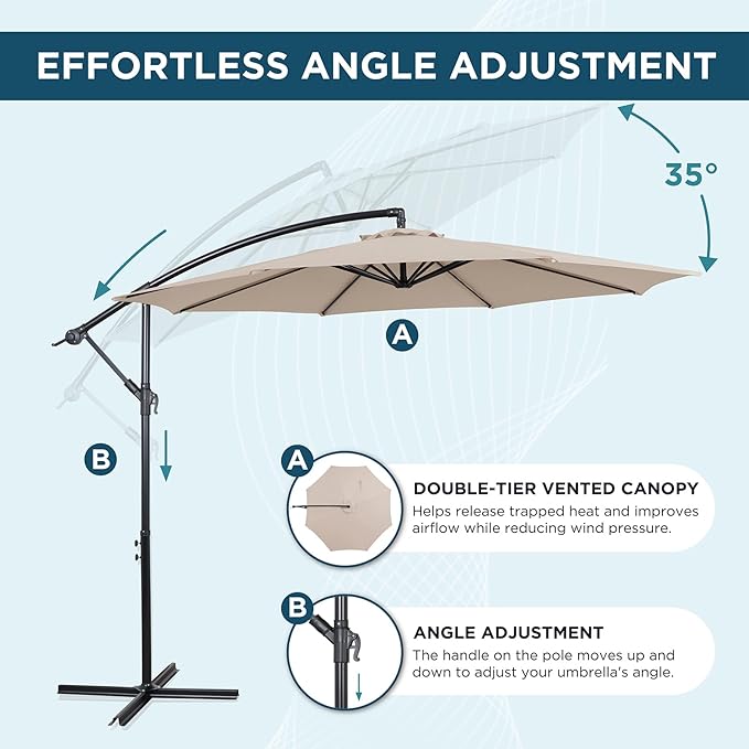 10FT Offset Patio Umbrella, Cantilever Hanging Umbrella with Infinite Tilt, Fade-Resistant Water-Repellent Canopy & Cross Base for Yard, Garden & Deck