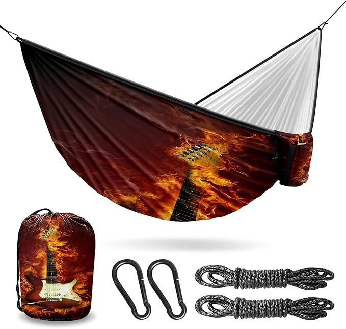 Outdoor Camping Hammock Electric Guitar in Flames Burning Fire Double & Single Hammocks with 2 Tree Straps Portable Heavy Duty Nylon Hammocks for Backpacking, Travel, Beach, Backyard, Patio, Hiking