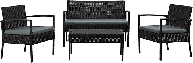 Manhattan Comfort Noli 4-Piece Patio Conversation Set, Outdoor Furniture Made of Steel Rattan | Includes 2 Modern Armchairs, Loveseat, Tempered Glass Coffee Table, Removable Waterproof Cushions, Grey
