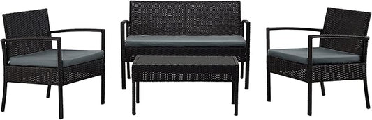 Manhattan Comfort Noli 4-Piece Patio Conversation Set, Outdoor Furniture Made of Steel Rattan | Includes 2 Modern Armchairs, Loveseat, Tempered Glass Coffee Table, Removable Waterproof Cushions, Grey