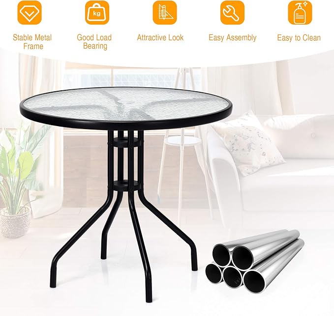 Goplus 32" Outdoor Round Patio Table with Umbrella Hole, All Weather Dining Table Tempered Glass Top, Bistro Table Coffee Table Furniture Commercial Party Event for Backyard Lawn Balcony Pool