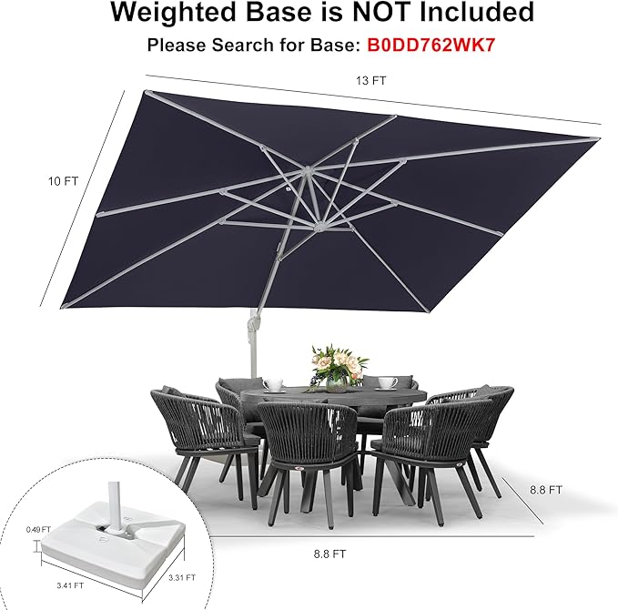 PURPLE LEAF 10' × 13' Patio Umbrella White Cantilever Umbrella Aluminum Square Outdoor Offset Umbrella Hanging Windproof with 360° Rotation for Garden Deck Pool, Navy Blue