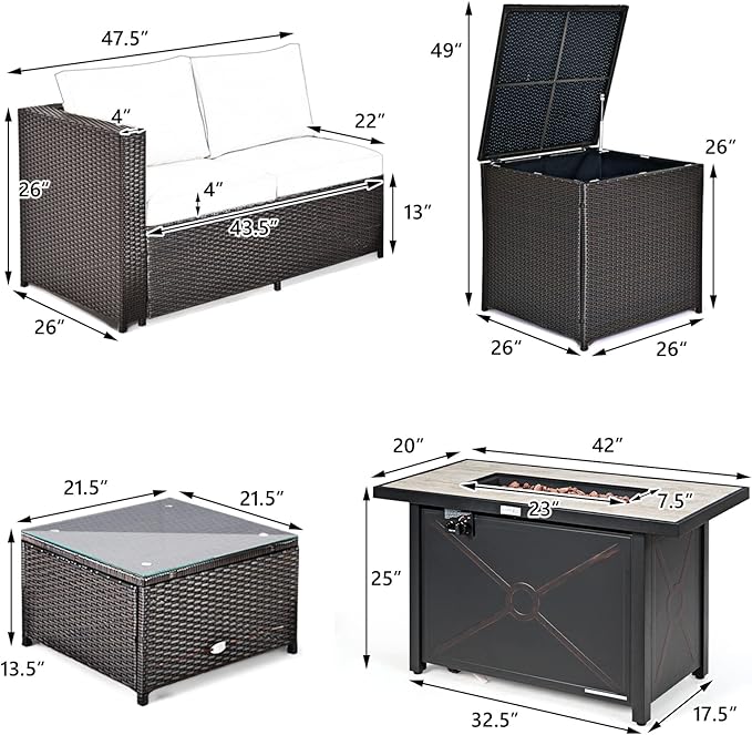 Tangkula 5-Piece Patio Furniture Set with 42 Inches Propane Fire Pit Table, Outdoor Wicker Conversation Set with Cushions, Storage Box and Coffee Table, 60,000 BTU Propane Fire Pit Table (Turquoise)