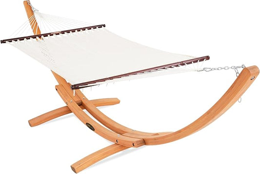 Lazy Daze Hammocks 2 Person Caribbean Rope Hammock with Wood Stand, 10.5FT Polyester Hammock with Spreader Bars, 13FT Heavy Duty Stand Combo, 450 LBS Capacity for Outdoor Backyard Poolside, Cream