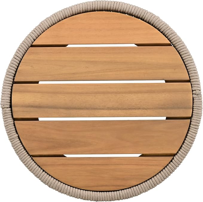 LUMISOL Rattan Rope & Acacia Wood Side Table for Outdoor, Patio Furniture with Wood Top, 15" Coffee Table for Garden, Yard, Balcony, Teak+ Beige