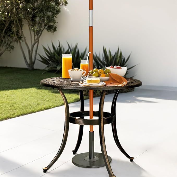 Outvita Patio Side Table, 23.6in Outdoor Round Cast Aluminum Bistro Table with Umbrella Hole and Antique Design for Backyard Porch Pool Balcony Deck Bronze
