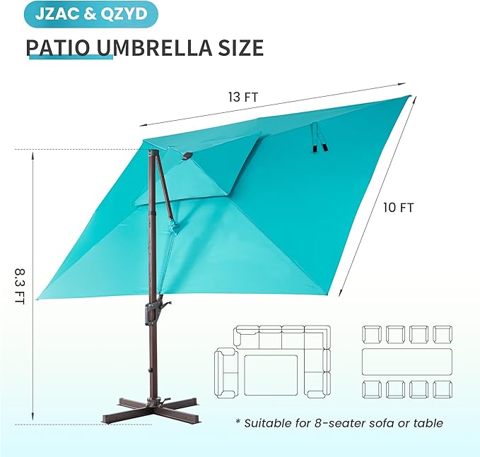 JZAC & QZYD 10X13 FT Outdoor Cantilever Patio Umbrella with LED Lights, Large Heavy Duty 2-Tier Aluminum Offset Umbrellas with 360-Degree Rotation for Pool Deck, Turquoise