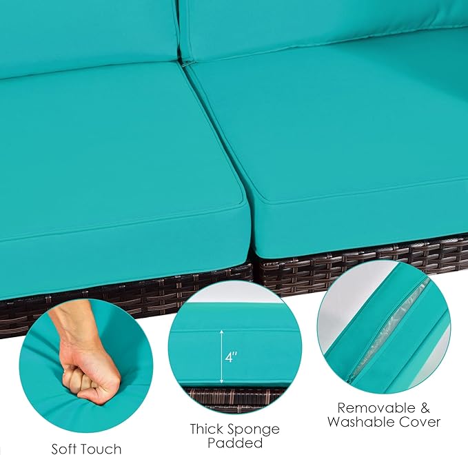 RELAX4LIFE 8-Piece Patio Furniture Set - Rattan Wicker Sectional Sofa Set w/Cushions, 32’’ Outdoor Gas Propane Fire Pit Table & Tank Holder, 40000 BTU Heat Output, PVC Cover for Firepit (Turquoise)