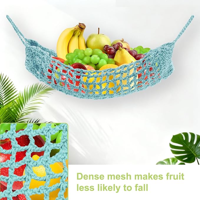 Macrame Fruit Hammock 1 Pack Cotton Fruit Holder Net Under Cabinet Veggie Storage Space Saving Kitchen Decor with Hooks (Light Blue)