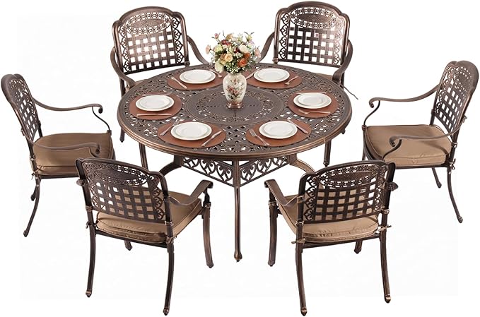 Redlife 7-Piece Cast Aluminum Outdoor Dining Set, 54" Round Patio Table with Umbrella Hole, 6 Stackable Chairs with Cushion, Lattice Backrest, Waterproof Patio Furniture Set for Garden,Backyard