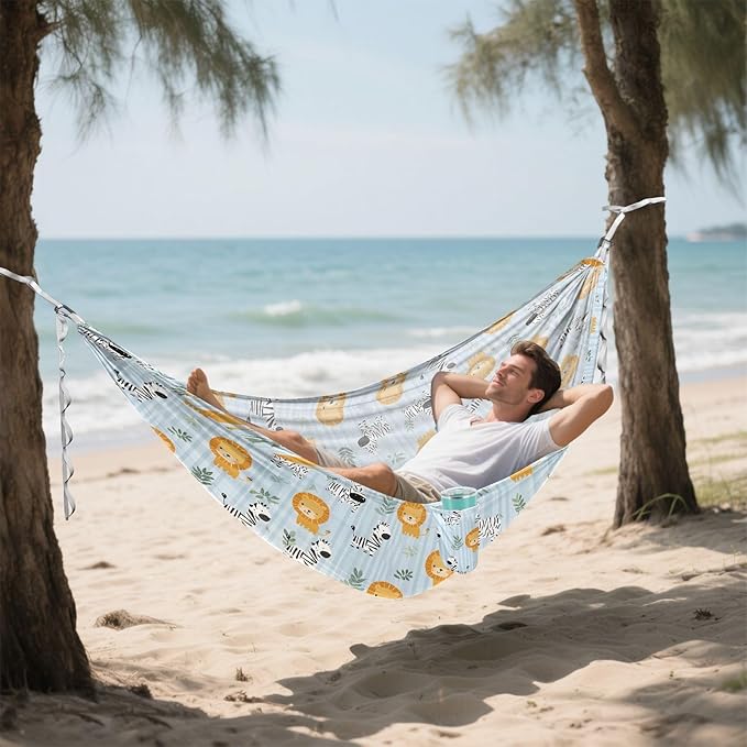 Camping Hammock Outdoor Hammocks for Outside Lion Zebra Blue Stripe Beach Trees Portable Lightweight with Pockets Tree Straps Indoor