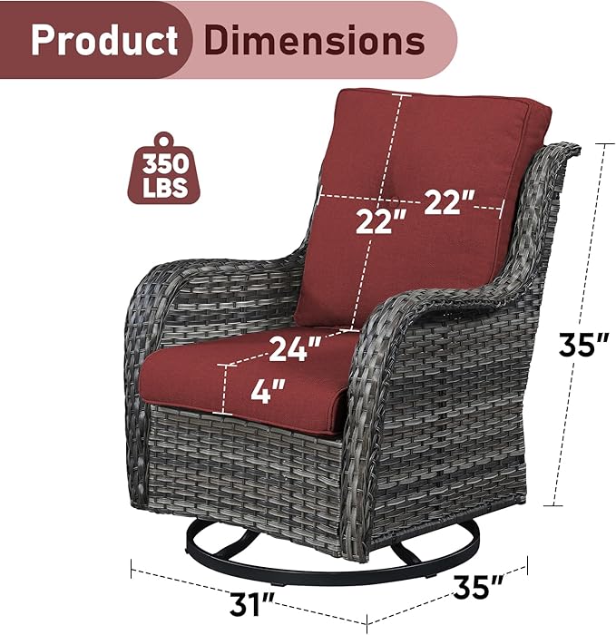 Outdoor Swivel Rocker Patio Chairs-Wicker Patio Swivel Chairs Set of 2 PE Rattan Patio Furniture for Porch Deck Balcony Garden-Grey/Red