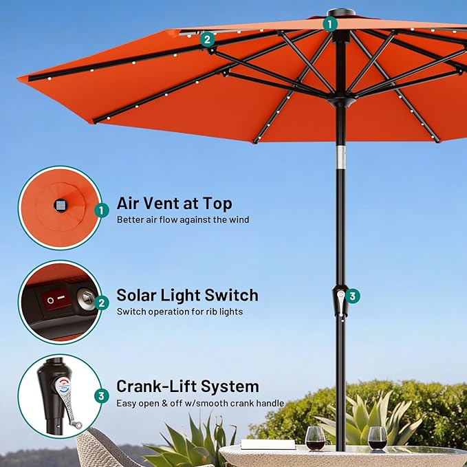 AreShark 9FT Patio Umbrella with Solar Lights, 32 Lighted Pool Umbrella w/Tilt and Crank, Outdoor Market Solar Umbrellas for Garden, Deck, Backyard, Pool and Beach, Orange