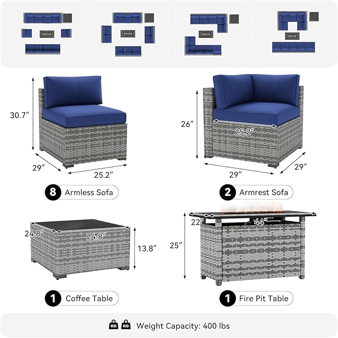 LazySunsets 12-Piece Patio Furniture Set with 44" Fire Pit Table, Wicker Outdoor Furniture, Patio Conversation Sets with Coffee Table, Outdoor Sectional Couch with Waterproof Cover, Blue