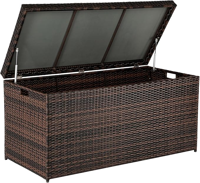 Bonnlo 132 Gallon Wicker Storage Box - Outdoor Rattan Deck Box with Bench Seat, Multi-Use Storage for Patio, Pool, Garden, Balcony