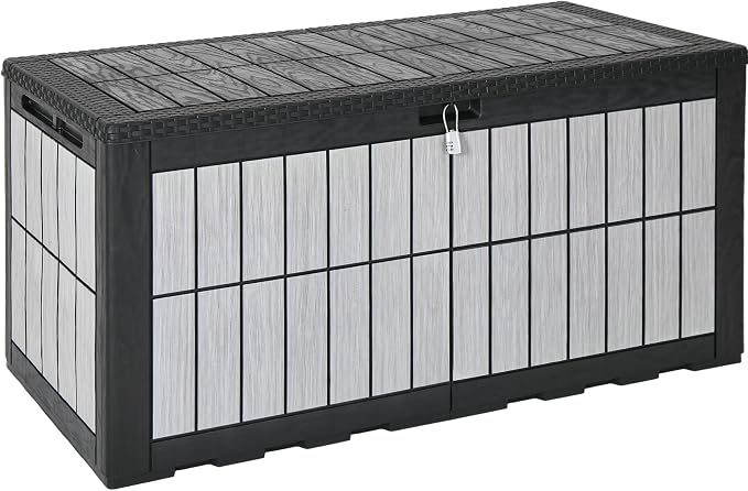YITAHOME 134 Gallon Large Deck Box, Waterproof Resin Outdoor Storage Box with Lock, Doubles as Bench Seating for Patio Furniture Cushions,Garden Tools & Pool Accessories, Black & Wood-Grain Gray
