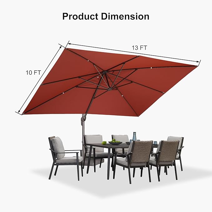 PURPLE LEAF 10' X 13' Patio Cantilever Umbrella Rectangle Umbrella Outdoor with Aluminum Offset Antique Bronze Hanging and 360° Rotation for Pool Garden Deck Patio, Brick Red
