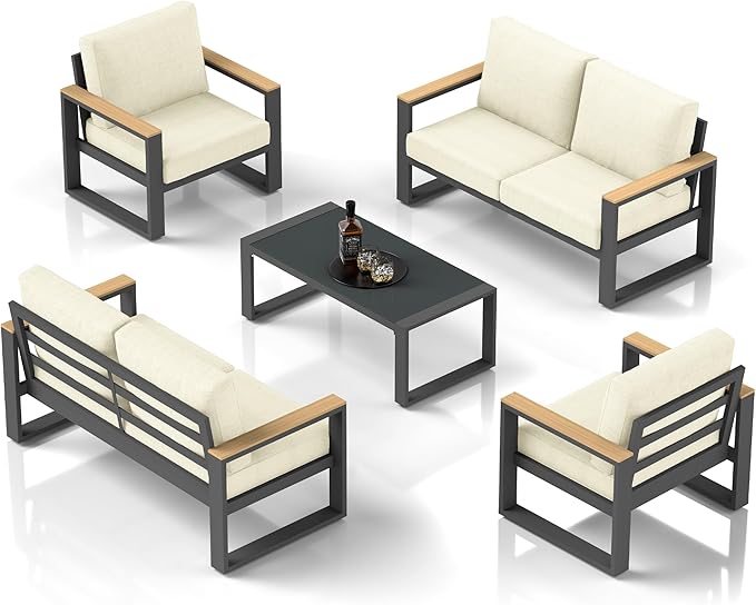 RoyalCraft Aluminum Patio Furniture, 6-Seats Metal Outdoor Furniture Set with Coffee Table, Modern Patio Sofa Sets Outdoor Conversation Set for Pool Garden Porch Backyard, Beige