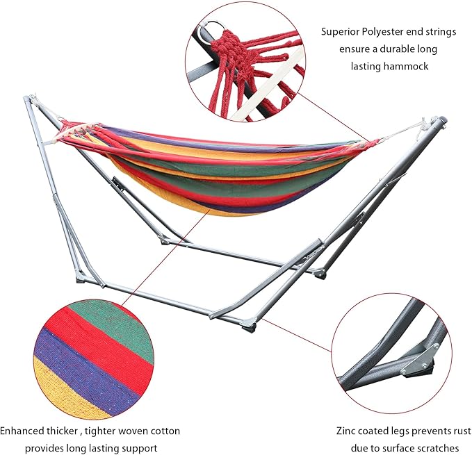 Hammock with Stand,Indoor Hammock Stand with Strong Load-Bearing,Double Hammock with Space Saving Metal Stand,Portable Hammock with Dual-bar Design for Backyard,Camping,Garden Red