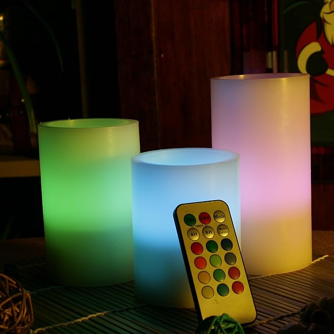 CANDLE CHOICE Battery Operated Color Changing Flameless Candles with Remote Timer Real Wax Realistic Flickering Electric Multicolor LED Pillars Lights for Home Wedding Christmas Decorations 3 Pack