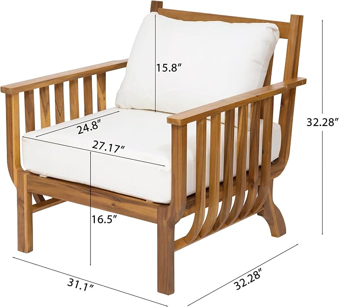 Merax 4-Piece Mid-Century Modern Acacia Wood Patio Seating Set | Outdoor Conversation Set with Loveseat, Club Chairs & Slatted Coffee Table, Weather-Resistant Cushions for Deck Poolside