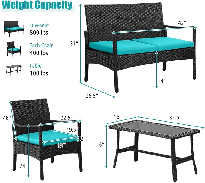 Tangkula 8 Pieces Rattan Conversation Set, Patio Sofa Couch Set with Tempered Glass Coffee Table, Seat Cushions, Outdoor Wicker Loveseat Set for Poolside, Courtyard, Balcony (2, Turquoise)