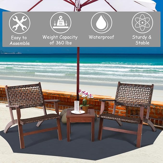 COSTWAY 3 Pieces Patio Rattan Furniture Set, Outdoor Solid Wicker Conversation Set with Wood Frame Chair, Coffee Table for Yard, Garden, Porch, Balcony, Apartment