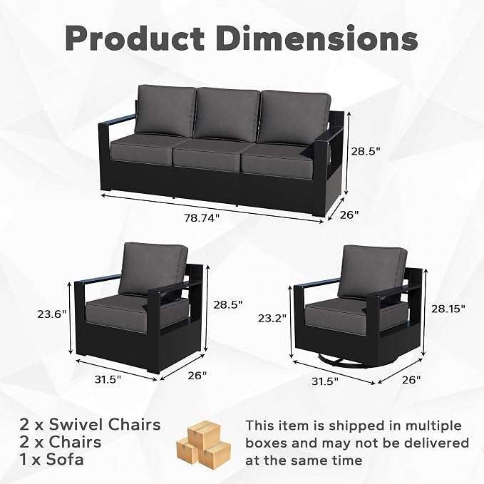 Outdoor Aluminum Furniture Set, 5-Piece Patio Conversation Set, 2 Swivel Chairs, 2 Chairs and 1 Sofa, All-Weather Metal Frame, 6" Thick Removable Cushions, Deep Setting for Garden and Porch, Grey