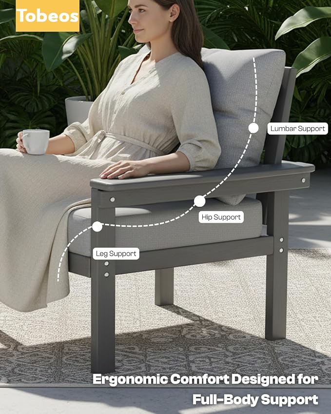 HDPE 3 Piece Patio Furniture Set, All-Weather Outdoor Couch Bistro Set with Thick Cushions & Side Table, Patio Conversation Sets for Lawn, Porch, Garden, Balcony, Deck, Poolside, Grey & Grey