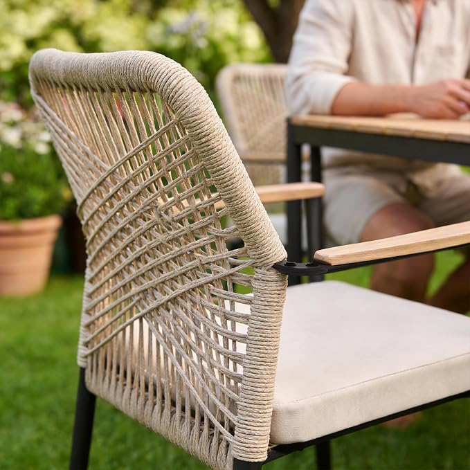 SUNSITT 7 Piece Outdoor Patio Dining Set, Patio Dining Furniture Set with 70” Metal Dining Table w/WPC Tabletop and 6 Woven Rope Patio Chairs w/WPC Armrests for Garden, Beige