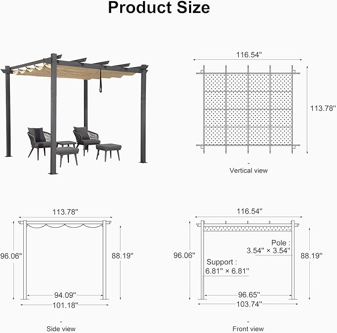 PURPLE LEAF 10' X 10' Outdoor Retractable Pergola with Sun Shade Canopy Patio Metal Shelter for Garden Porch Beach Pavilion Grill Gazebo Modern Yard Grape Trellis Pergola, Beige