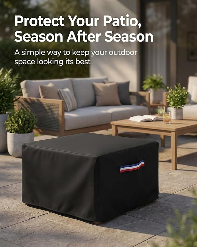 Square Waterproof Patio Ottoman Cover, 600D Heavy Duty Outdoor Furniture Cover with Windproof Buckles Air Vents, All-Weather Protector for Patio Ottoman or Outdoor Side Table 22 x 22 x 18 Inch, Black