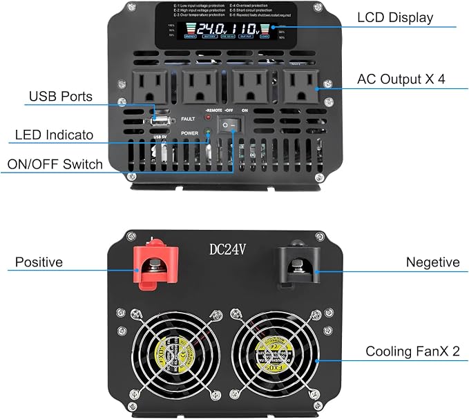 Cantonape 4000 Watt Power Inverter, Car Inverter 24V DC to 110V/120V AC Converter with LCD Display, 4 AC Outlets, USB Port & Remote Controller for RV, Truck, Off-Grid Solar System