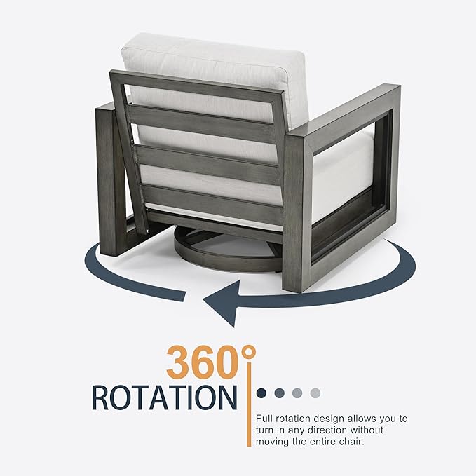 HAPPATIO Oversized Aluminum Patio Furniture Set, Outdoor Conversation Set 4 Pieces with 3-Seat Sofa, 2 Swivel Sofa Chairs, 1 Coffee Table, Extra Large Seat with Thicken Cushion for Deck Poolside,Grey