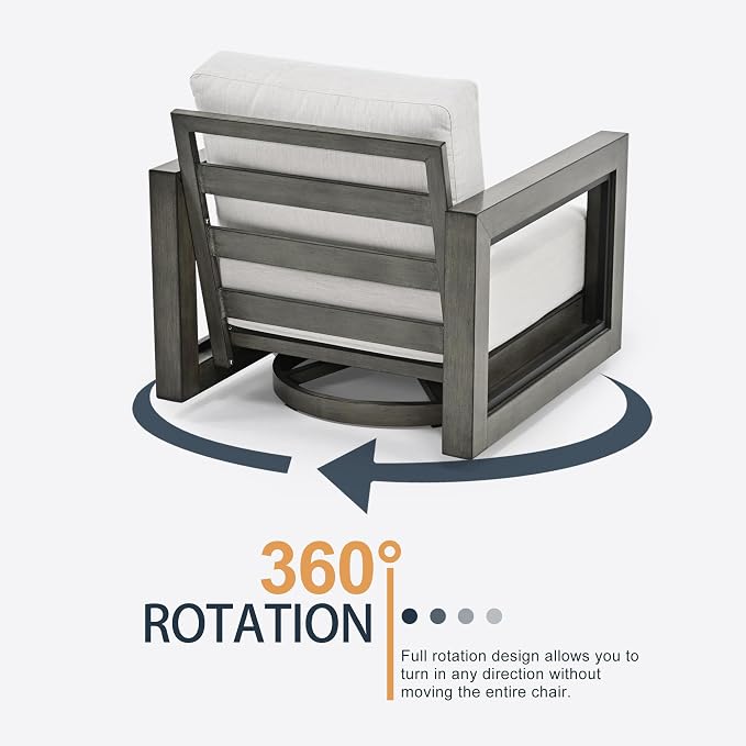 HAPPATIO Oversized Aluminum Patio Furniture Set, Outdoor Conversation Set 4 Pieces with Loveseat, 2 Swivel Sofa Chairs,1 Coffee Table, Extra Large Seat with Thicken Cushion for Deck Poolside, Grey